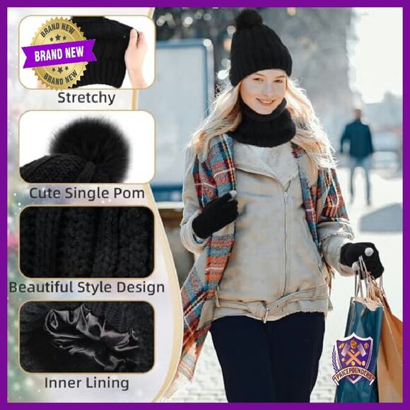 Winter Satin Lined Beanie Scarf Gloves Set Touchscreen Warm Accessories main image 7